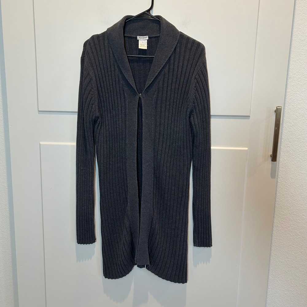 Airport Women's Charcoal Ribbed Knit Long Cardigan Shawl Collar Size‎ L Cotton